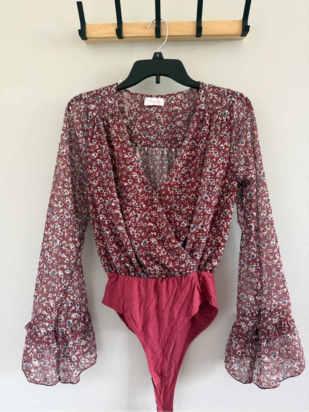 Pink Lily Burgundy Floral Wrap Bodysuit with Pink Accents